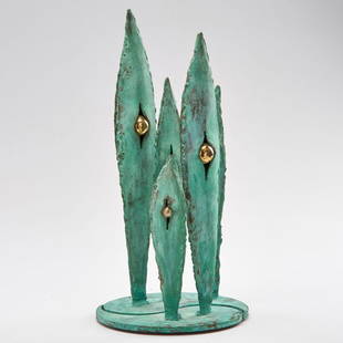 RAYMOND GRANVILLE BARGER (American, 1906-2001): Phytomorphic bronze sculpture with brass balls, Untitled, 1975; Initialed and dated; 14 1/2"