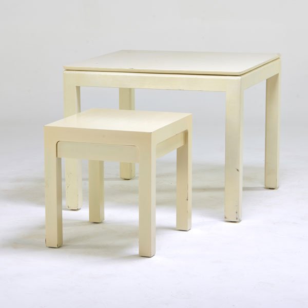 KARL SPRINGER: Card table and side table, New York, 1989; Painted snakeskin, painted wood; Both with Karl Springer Leather labels; Larger: 29 1/2" x 36" sq.