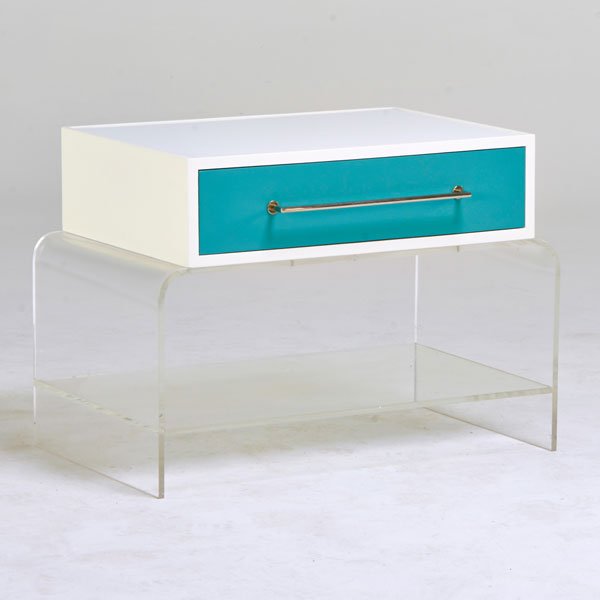 TOMMI PARZINGER (1903-1981); PARZINGER ORIGINALS: Nightstand, USA, 1970s; Lacquered wood, glass, chrome, Lucite; Branded Parzinger Originals; 22" x 31 1/2" x 18"