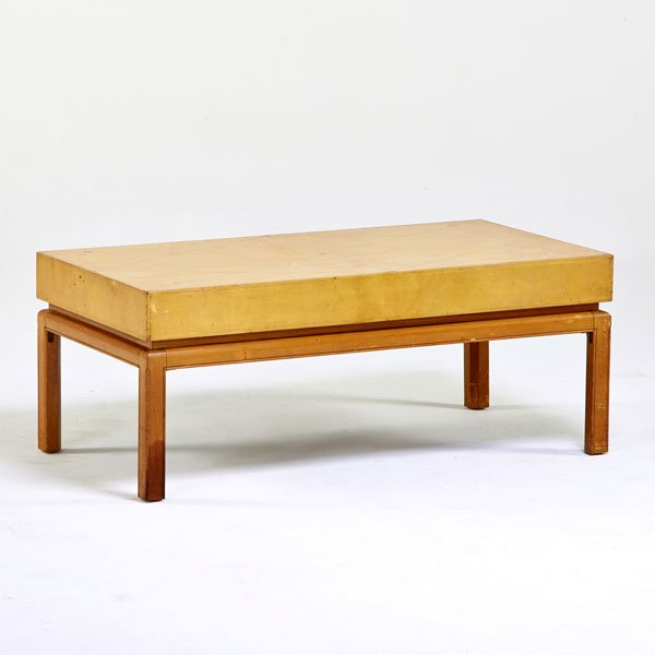 TOMMI PARZINGER; CHARAK MODERN: Coffee table, USA, 1950s; Embossed leather, bleached mahogany; Unmarked; 17 1/2" x 44" x 22"