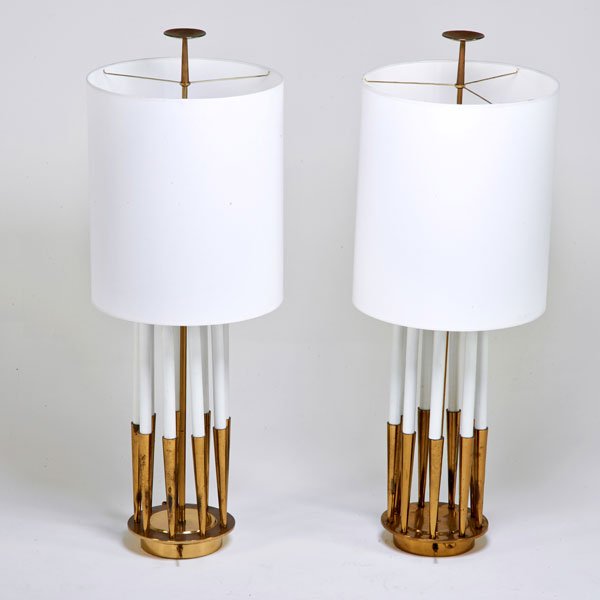 TOMMI PARZINGER (Attr.); STIFFEL LAMP CO.: Pair of table lamps, USA, 1960s; Brass, enameled metal and linen; Foil labels; Fixtures: 49 1/2" x 9" dia.