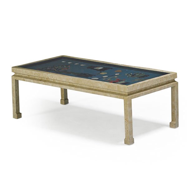 JAMES MONT: Coffee table, New York, 1960s; Painted wood, glass, found Chinese screen with coral, jade, and lacquer; Unmarked; 17" x 52" x 24"