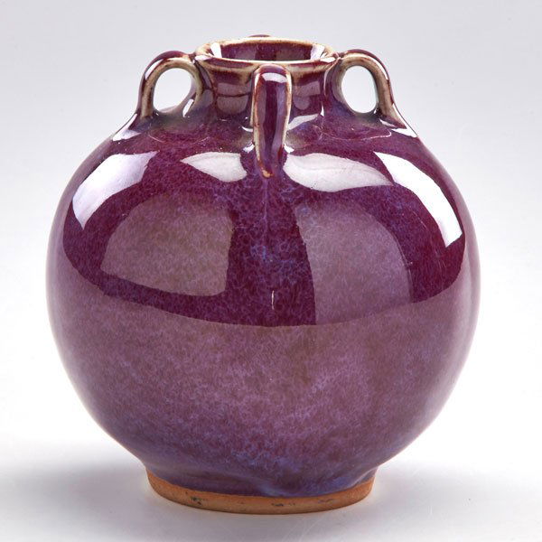 BROTHER THOMAS BEZANSON (1929 - 2007): Small bulbous four-handled vase in chrysanthemum glaze, Weston, VT, ca. 1990s; Marked with illegible date; 4 1/4" x 3 3/4" dia.