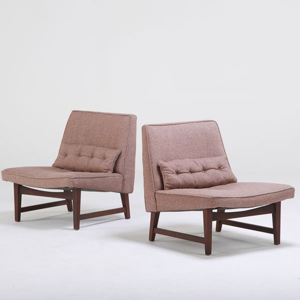 EDWARD WORMLEY; DUNBAR: Pair of slipper chairs, Berne, IN, 1960s; Walnut, upholstery; Both unmarked; 29" x 26 1/2" x 28"