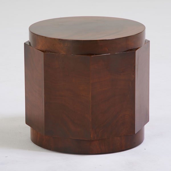 EDWARD WORMLEY; DUNBAR: Pedestal/side table, Berne, IN, 1940s; Figured mahogany; Green metal label; 15" x 15 1/2" dia.
