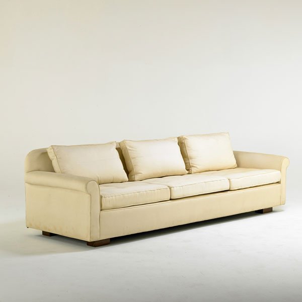 STYLE OF EDWARD WORMLEY: Sofa, USA, 1960s; Upholstery, stained wood; Unmarked; 28 1/2" x 100" x 36"