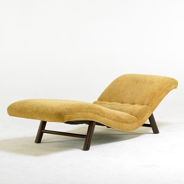 STYLE OF EDWARD WORMLEY: Chaise lounge, USA, 1960s; Upholstery, stained walnut; Unmarked; 21" x 71" x 27 1/2"