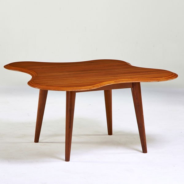 NEIL MORRIS: Cloud coffee table, Scotland, 1947; Mahogany, laminated betula; Ink stamped; 19" x 38" x 38 1/2"