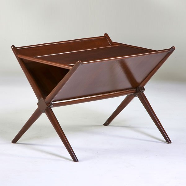 T.H. ROBSJOHN GIBBINGS; WIDDICOMB: Magazine table, Grand Rapids, MI, 1950s; Walnut; Unmarked; 22 1/2" x 29" x 23 1/4"