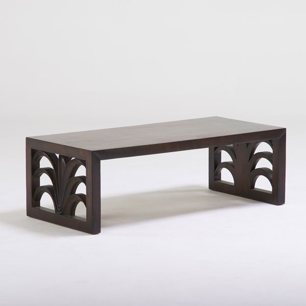 T.H. ROBSJOHN GIBBINGS; WIDDICOMB: Coffee table, Grand Rapids, MI, 1950s; Stained and lacquered walnut; Decal manufacturer label, metal retailer label; 15 3/4" x 48" x 22"