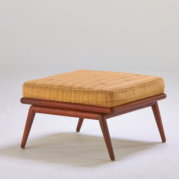 T.H. ROBSJOHN GIBBINGS; WIDDICOMB: Ottoman, Grand Rapids, MI, 1950s; Sculpted walnut, upholstery; Upholstery label; 17" x 27" x 26"