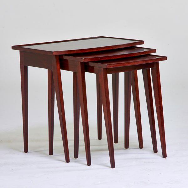 T.H. ROBSJOHN GIBBINGS; WIDDICOMB: Set of three nesting tables, Grand Rapids, MI, 1950s; Lacquered mahogany; Unmarked; Largest: 23 1/2" x 24" x 16"