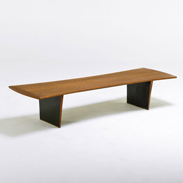 HARVEY PROBBER: Coffee table, USA, 1950s; Mahogany, painted wood, brass; Unmarked; 15" x 78" x 23"