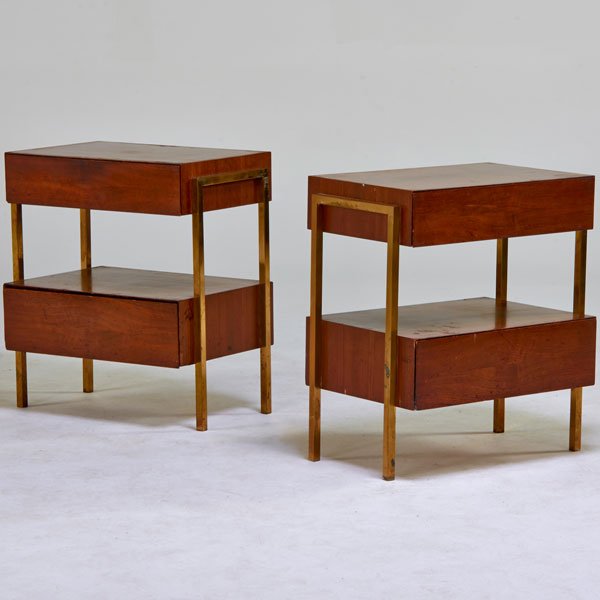 STYLE OF HARVEY PROBBER: Pair of two-drawer nightstands, USA, 1960s; Walnut, brass; Unmarked; 25" x 23" x 14"