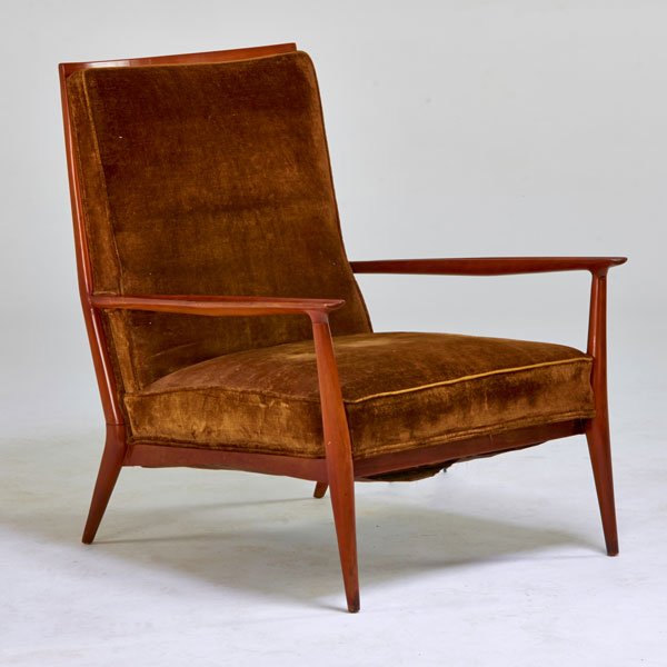 PAUL McCOBB; DIRECTIONAL: Lounge chair, USA, 1950s; Walnut, upholstery; Unmarked; 34" x 28" x 32"
