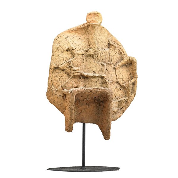 DANIEL RHODES: Abstract earthenware sculpture on metal stand, Alfred, NY; Unmarked; On base: 21 1/2" x 13" x 9 3/4"