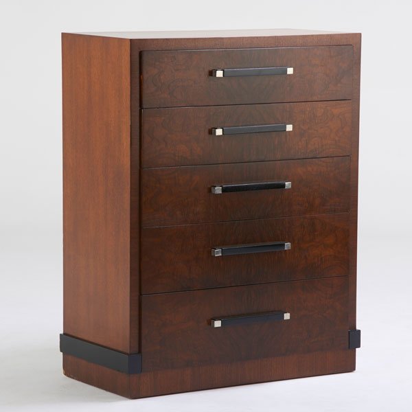 DONALD DESKEY; AMODEC: Tall dresser, USA, 1930s; Burled walnut, walnut, ebonized wood, chromed metal; Metal tag and stenciled; 46 1/2" x 37" x 19 1/2"
