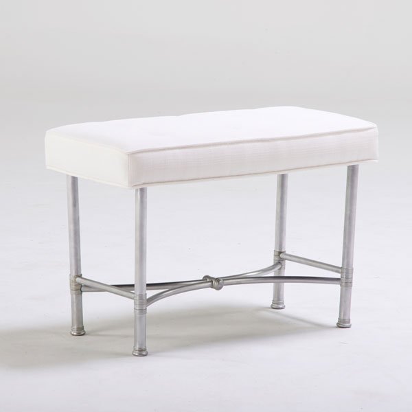 WARREN MacARTHUR: Bench, USA, 1930s; Brushed aluminum, upholstery; Unmarked; 18 1/2" x 27 1/2" x 13 1/2"