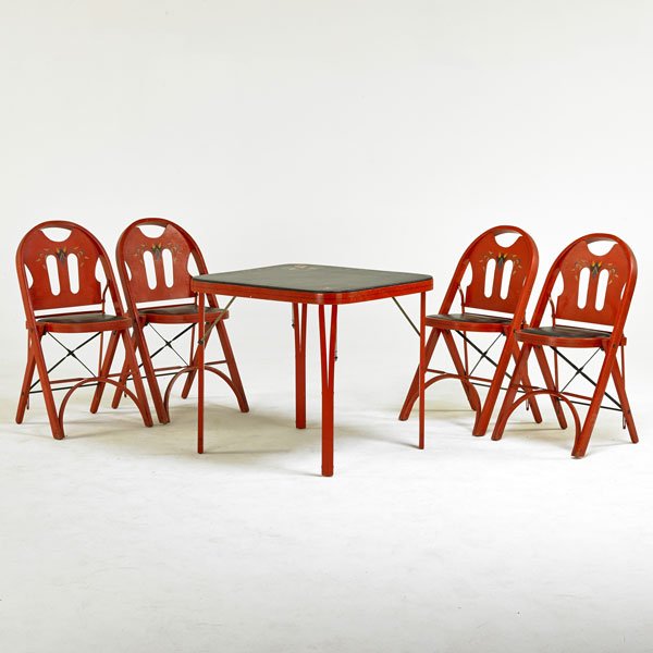 AMERICAN ART DECO: Folding card table and four chairs; Stenciled and enameled bentwood, steel; Tagged: Louis Rastetter & Sons, Fort Wayne, IN, 1926; Table: 27" x 28 1/2" sq., chairs: 32" x 1 1/2" x 18 1/2"