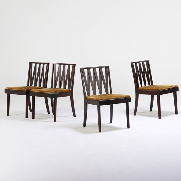 PAUL FRANKL; JOHNSON FURNITURE CO.: Four dining chairs, USA, 1940s; Stained and lacquered birch, upholstery; Unmarked; 33" x 20 1/2" x 22"