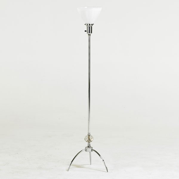 ART DECO: Floor lamp, USA, ca. 1930s; Chromed steel, milk glass, clear glass; Unmarked; Overall: 52" x 13" dia.