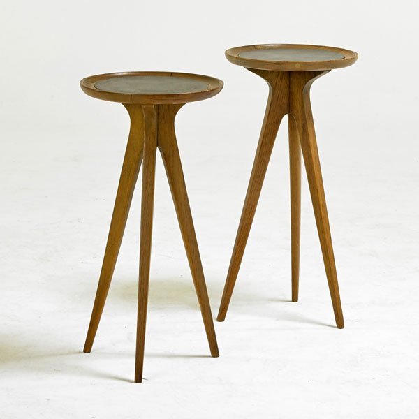 JON VAN DER KORT; DREXEL: Pair of tripod occasional tables; USA; 1960s; Bleached mahogany, leather; Stenciled numbers; 24" x 12" dia.