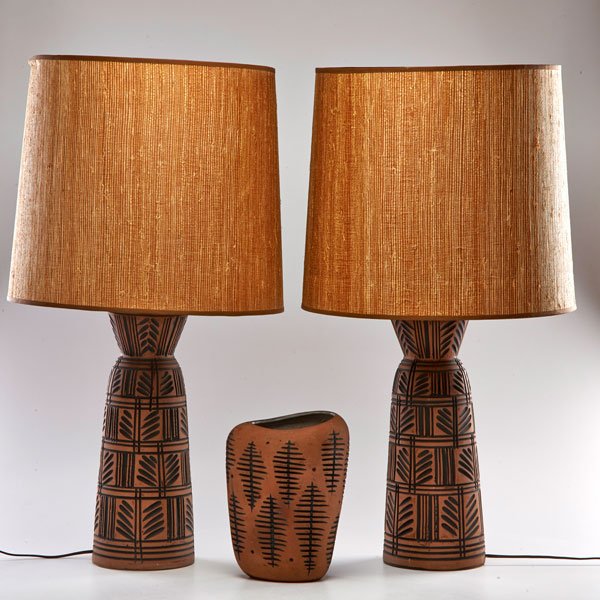 PAUL HANSON (Attr.): Two ceramic table lamps and similar vase, ca. 1950s; Unmarked; Lamp (to finial): 30 1/4"