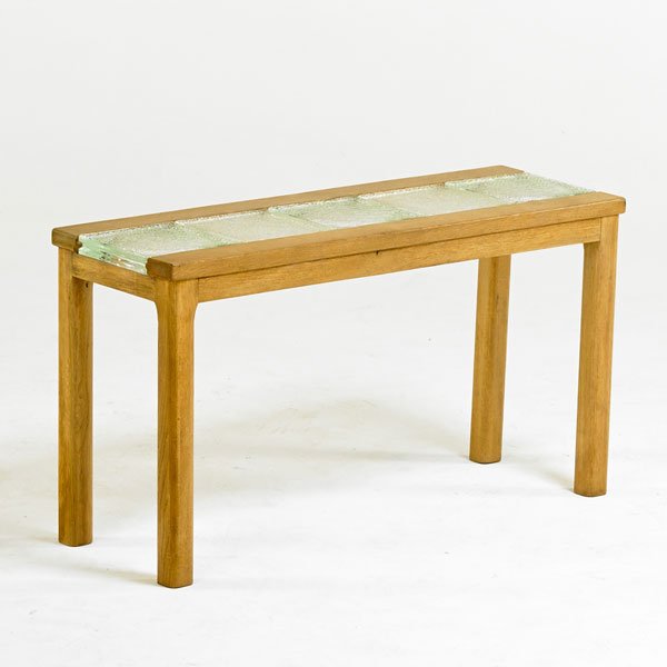 FRENCH: Sofa table,1950s; Oak, glass; Unmarked; 21 1/2" x 39 1/2" x 13 1/4"