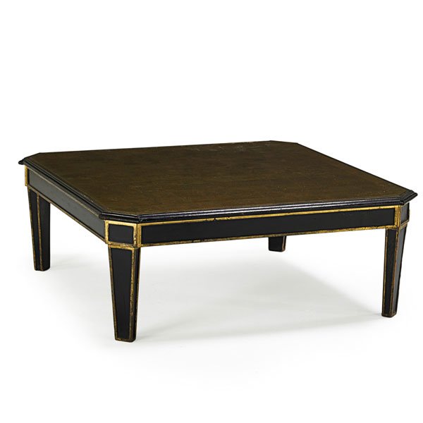 MAISON JANSEN: Low table, France, 1950s; Ebonized and gilt wood, gilt glass; Stamped Jansen; 14" x 36" sq.