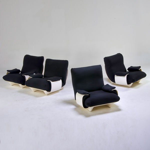 MICHAEL DUCAROY; LIGNE ROSET: Four Perspex Marsala lounge chairs, France, 1970s; Gel coated fiberglass, upholstery; Unmarked; 32" x 35" 40"