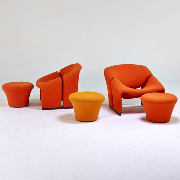 PIERRE PAULIN; ARTIFORT: Two ribbon lounge chairs and three footstools, Netherlands, 1960s; Upholstery; All with foil tags; Chair: 26" x 30" x 29", stool: 14" x 20" dia.