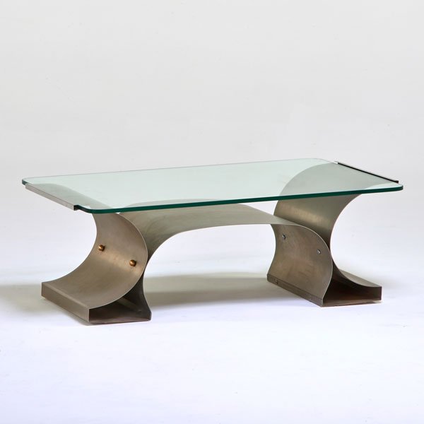 FRANCOIS MONNET; KAPPA: Coffee table, France, 1970s; Stainless steel, glass; Unmarked; 14 1/2" x 41" x 23 1/2"