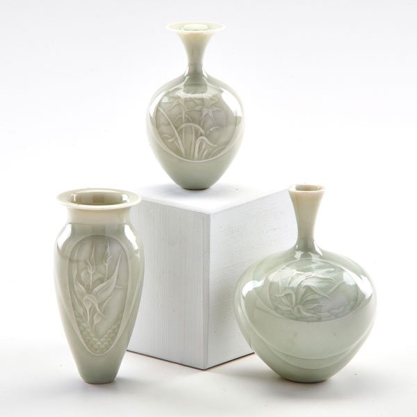 SCOTT MALCOLM: Three porcelain cabinet vases in celadon glaze, USA, 1979; Tallest signed and dated; Tallest: 3 3/4"