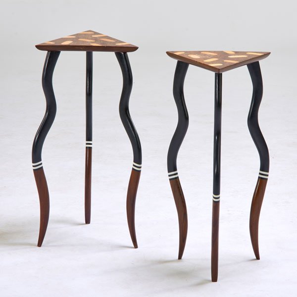 ROBERT TROTMAN: Pair of side tables; Rosewood, maple, enameled wood, Inscribed 82/79; 26" x 15" dia.