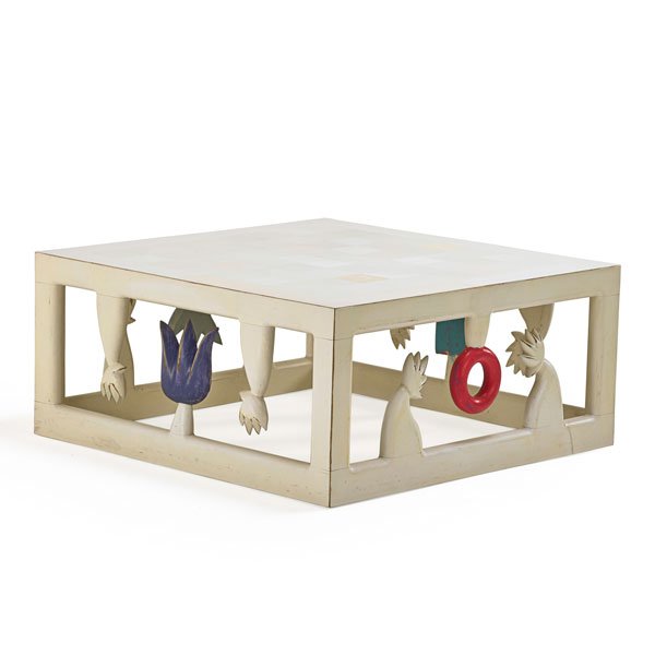 RANDY SHULL: "Game Table," Asheville, NC, 1995; Polychromed and distressed wood; Signed, titled, and dated; 17" x 37 1/2" sq.