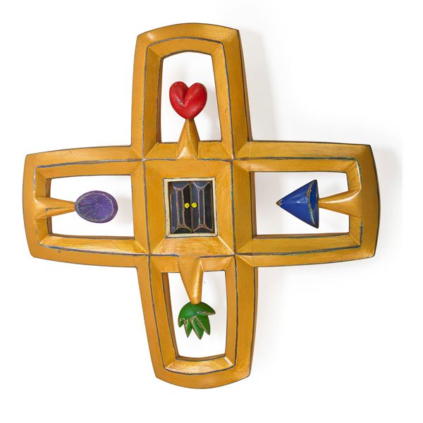 RANDY SHULL: Wall sculpture with central compartment, Asheville, NC, 1995; Polychromed and distressed wood, found objects; Signed and dated; 35" sq. x 5"