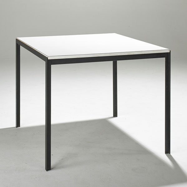 FLORENCE KNOLL; KNOLL ASSOCIATES: Dining table, USA, 1950s; Laminate, enameled steel; 28" x 34" sq.