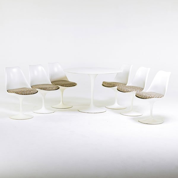 EERO SAARINEN; KNOLL STUDIOS: Tulip table and six side chairs,USA/Italy, 1990s; Fiberglass resin, enameled steel, marble; upholstery; All unmarked; Chair: 32" x 19" x 20", table; 29" x 42" dia