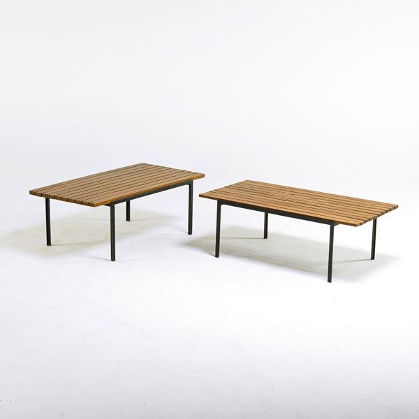 FLORENCE KNOLL; KNOLL ASSOCIATES: Two Slat tables, New York, 1950s; Enameled steel and oak; Unmarked; Each: 16" x 45" x 23"