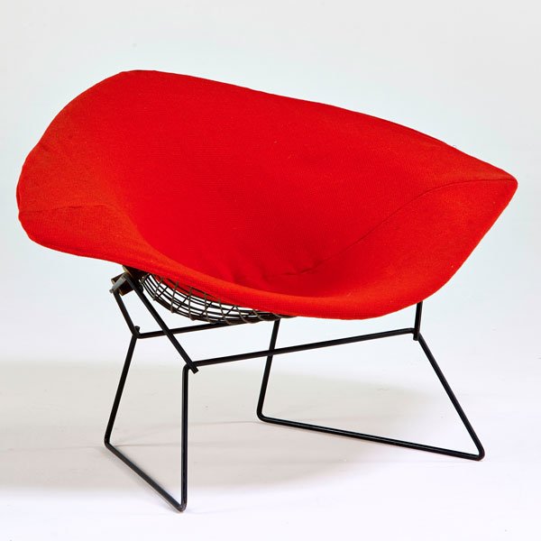 HARRY BERTOIA; KNOLL INTERNATIONAL: Diamond chair, USA, 1960s; Enameled steel, rubber, wood; Upholstery tag; 27 1/2" x 44 1/2" x 32 1/2"