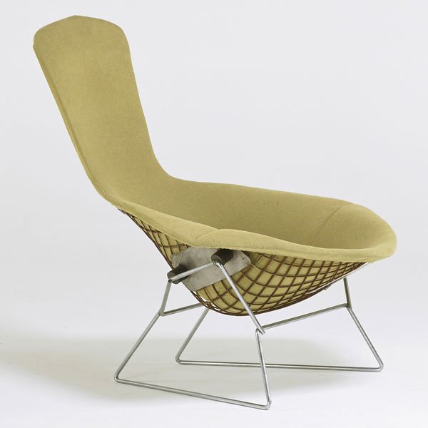 HARRY BERTOIA; KNOLL ASSOCIATES: Bird chair, USA, 1960s; Chromed steel, rubber, upholstery; Unmarked; 37" x 38" x 36"