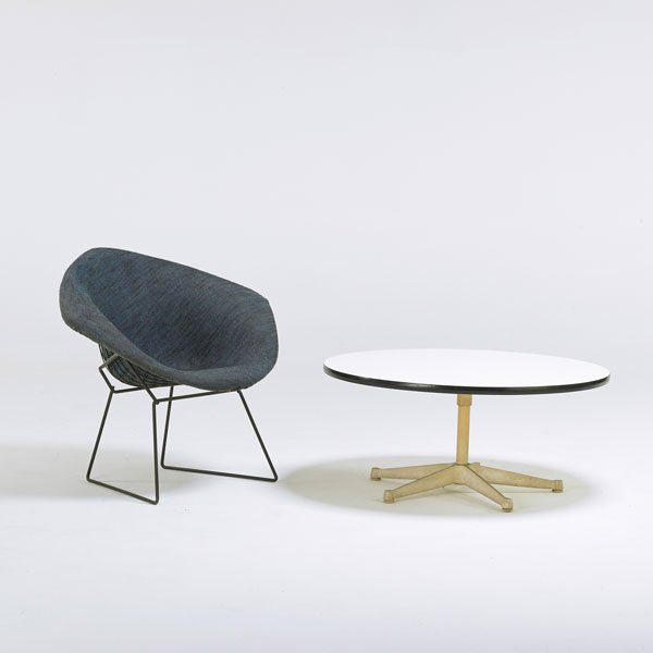 HARRY BERTOIA; CHARLES AND RAY EAMES: Diamond chair and coffee table, USA, 1960s; Enameled steel, upholstery, laminate; Chair labeled; Table: 16" x 36" dia., chair: 30" x 33 1/2" x 28"