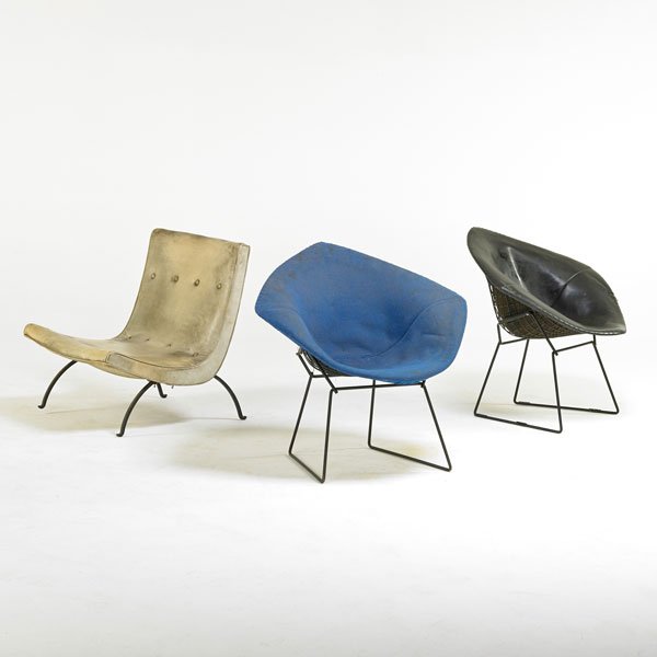 HARRY BERTOIA; MILO BAUGHMAN: Three chairs: two Knoll Diamond, one Thayer Coggin lounge, New York/ NC, 1960s; Enameled steel, wool and vinyl; Unmarked; Diamond chair: 31" x 34" x 28"