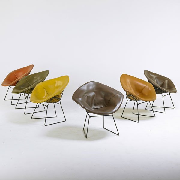 HARRY BERTOIA; KNOLL INTERNATIONAL: Six Diamond chairs, New York, 1960s; Enameled steel, upholstery; Several with manufacturers label; 31" x 34" x 28"