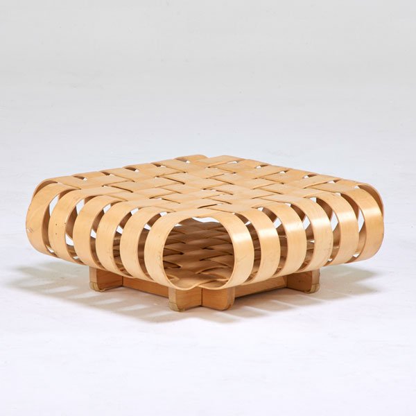 FRANK GEHRY; KNOLL INC.: Cross Check ottoman, USA, 1990s; Bent and laminated maple; Branded; 13 1/2" x 23 1/2" sq.