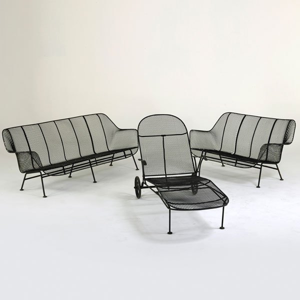 RUSSELL WOODARD: Sculptura outdoor set: sofa, settee, chaise, USA, 1950s; Enameled steel, plastic; Unmarked, Sofa: 28" x 72" x 29 1/2"; Settee: 28" x 53" x 29 1/2"; Chaise as shown: 36" x 26" x 65"