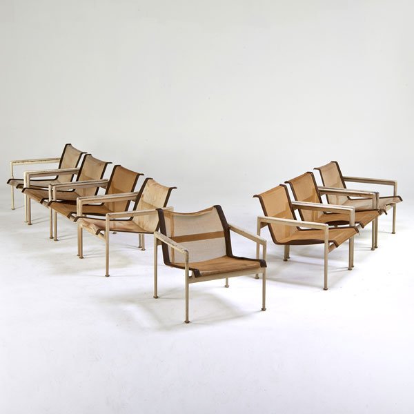 RICHARD SCHULTZ; KNOLL ASSOCIATES: Group of eight lounge chairs in as found condition, USA, 1960s; Painted aluminum, leather, mesh, enameled steel; Unmarked; 26 1/2" x 26" x 28"