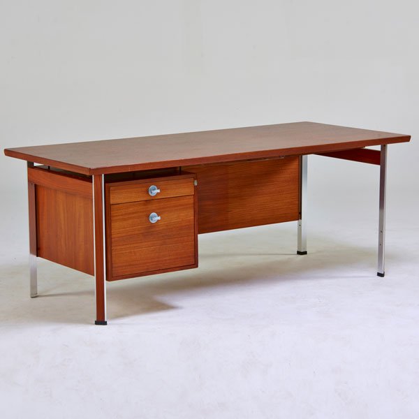 FINN JUHL; FRANCE AND SONS: Executive desk, Denmark; 1960s; Teak, matte-chromed steel, aluminum; Manufacturer label; 28" x 71" x 31 1/2"