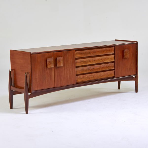 EUROPEAN: Credenza, 1950s; Walnut, rosewood, brass; Unmarked; 30" x 77" x 18"