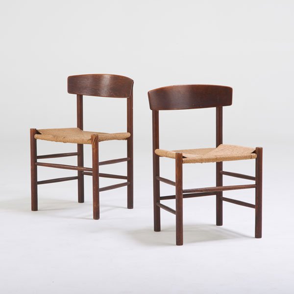 BORGE MOGENSEN; FDB: Two Shaker side chairs (J-39), Denmark, 1940s; Stained oak, paper cord seats; Unmarked; 29 1/2" x 19" x 17"